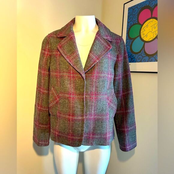 Talbots Womens wool Gray Pink Plaid Blazer Size 12 P - Picture 1 of 10